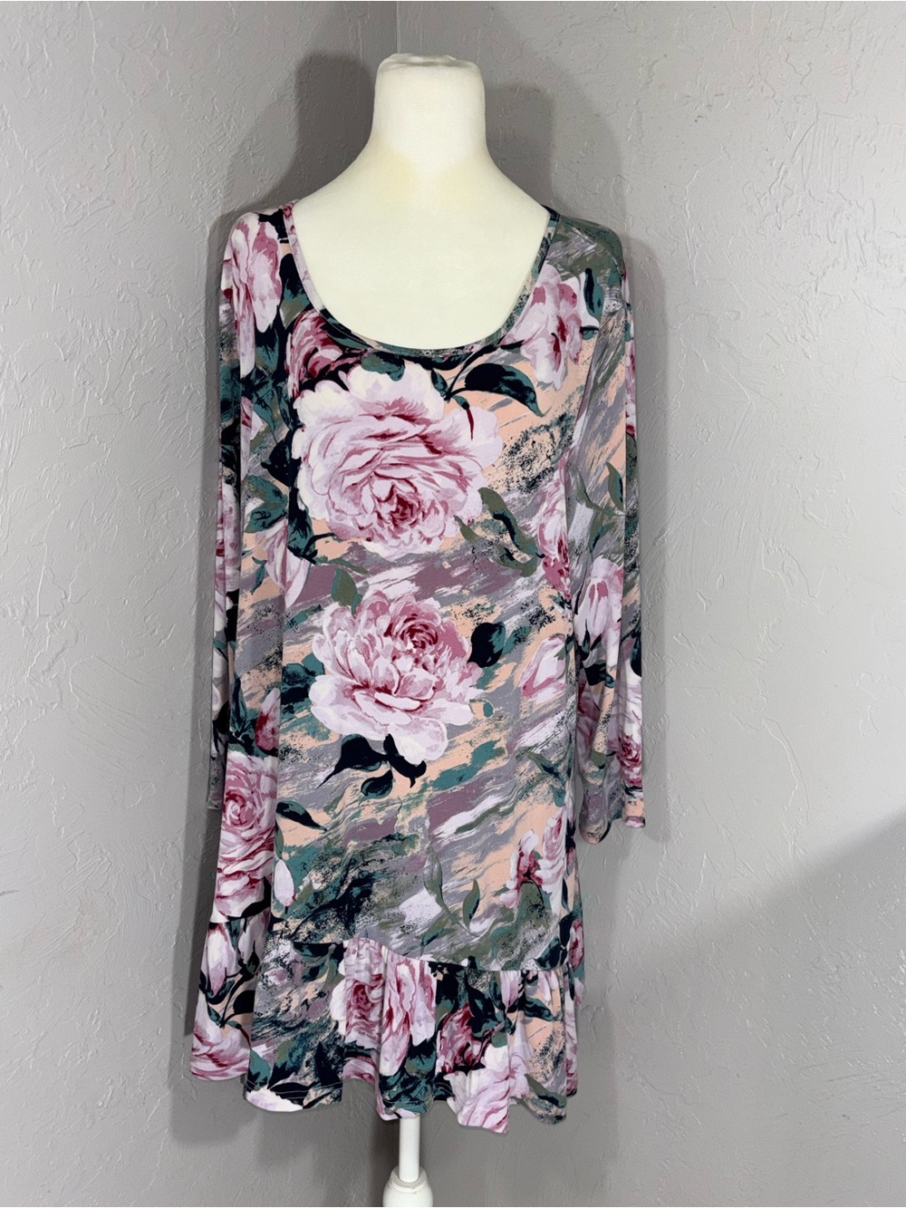 Nina Leonard Pink Floral Scoop Neck Ruffle Tunic